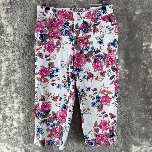 St Johns Bay Sz 4 Capri Floral Print Straight Leg Cropped Pants Pink Button Zip - Picture 1 of 9